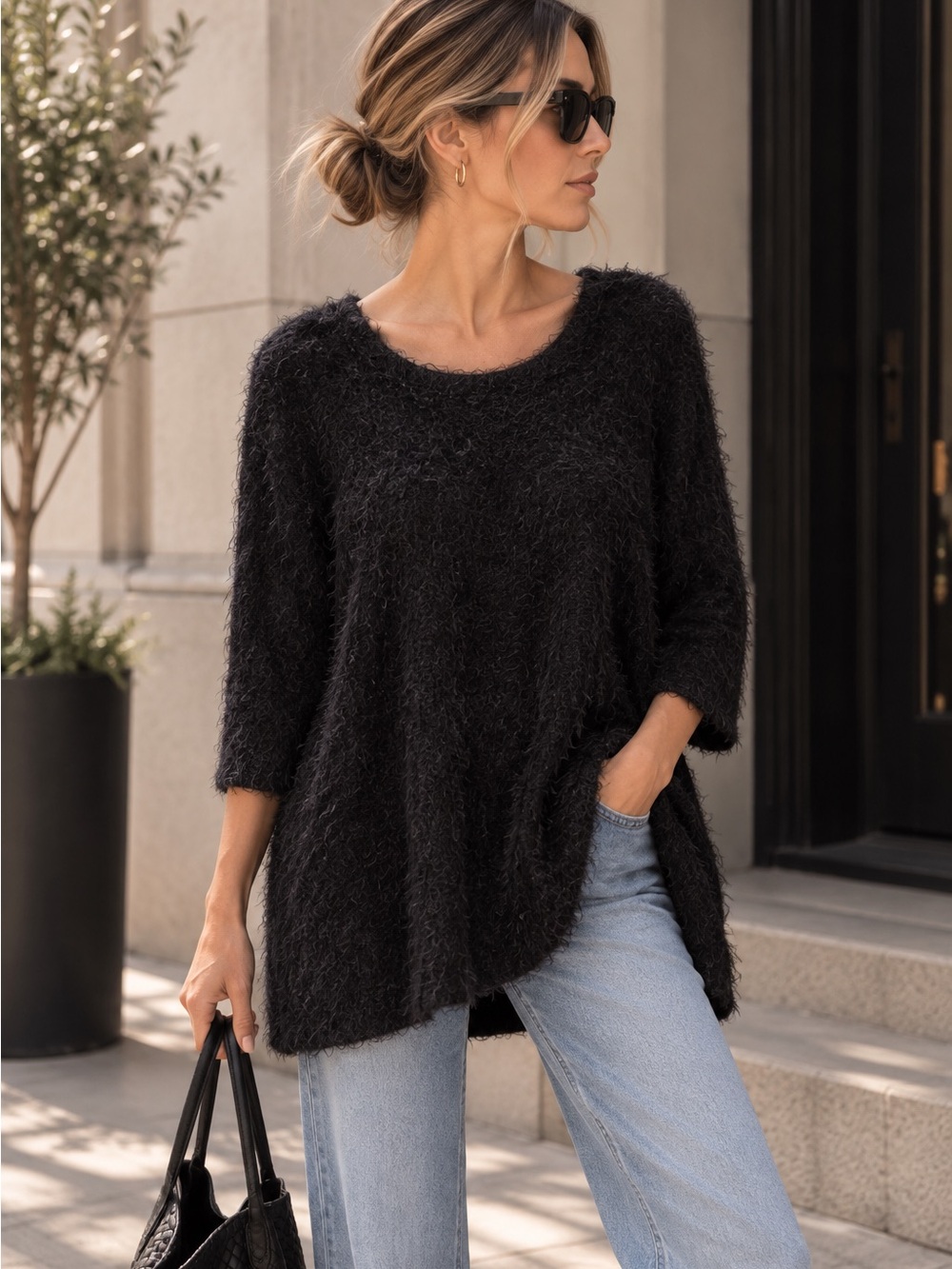 Sejour Eyelash Knit Tunic Sweater Black 0X